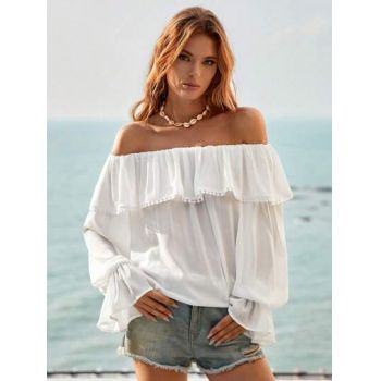 Bluza transparenta cu maneca lunga si volane, alb, dama, Shein