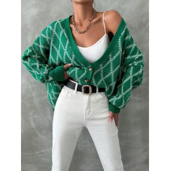 Cardigan din tricot, cu nasturi, verde, dama, Shein