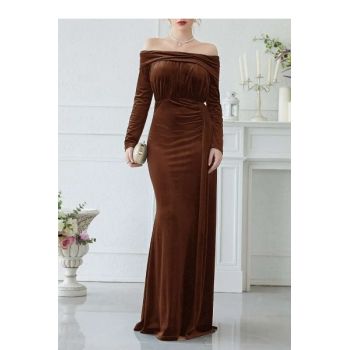 Rochie maxi, eleganta, cu umerii goi, maro, dama, Shein la reducere