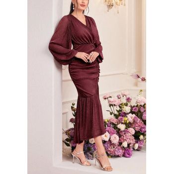 Rochie midi, de petrecere, cu decolteu si maneca lunga, visiniu, dama, Shein la reducere