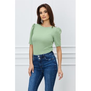 Bluza DY Fashion verde fistic cu maneci scurte si umeri bufanti