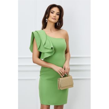 Rochie eleganta verde fistic cu un volan pe umar