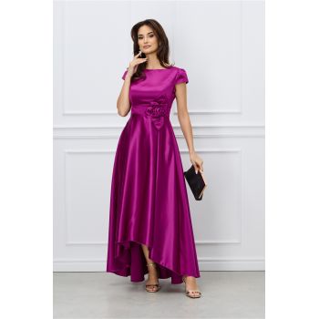 Rochie office magenta lunga cu floare in talie