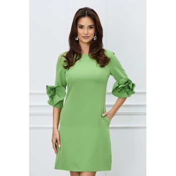 Rochie office verde fistic cu trandafiri la baza manecilor