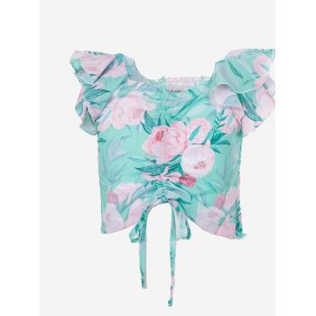 Bluza cu maneca scurta, imprimeu floral si snur reglabil, verde, fete, Ativo la reducere