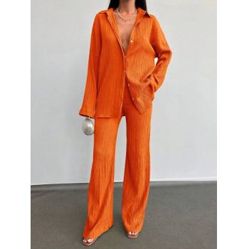 Set camasa cu nasturi si pantaloni lungi, portocaliu, dama