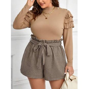 Set din bluza si pantaloni scurti cu imprimeu carouri, maro, dama