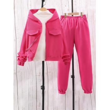 Set din pantaloni si bluza cu fermoar si buzunare, roz, fete la reducere