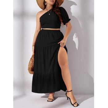 Set din top cu umar decupat si fusta maxi cu slit, negru, dama