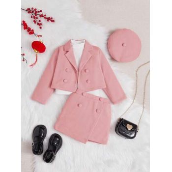 Set fusta mini, asimetrica si sacou scurt, model costum, roz, fete ieftin