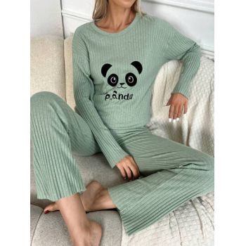 Set pijama din bluza cu imprimeu si pantaloni, verde, dama de firma originale