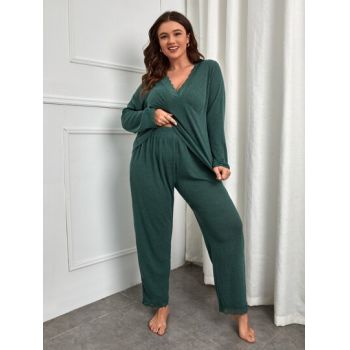 Set pijama din pantaloni si bluza cu maneca lunga, verde, dama de firma originale