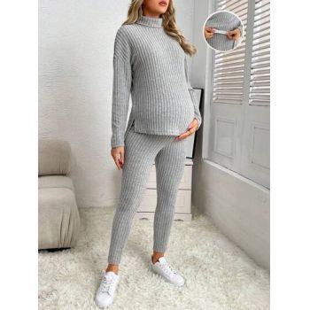 Set pulover cu guler si pantaloni, Maternity, gri