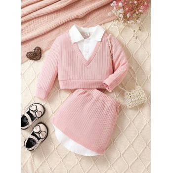 Set pulover si fusta mini, cu talie inalta, roz, fete la reducere