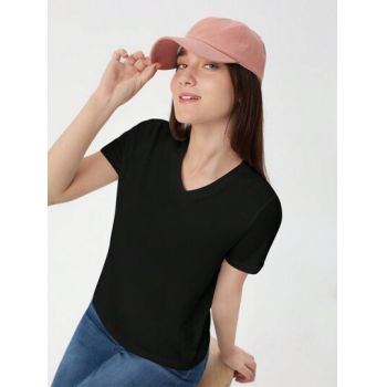 Tricou cu decolteu V, negru, fete