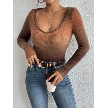 Bluza cu decolteu si maneca lunga, maro, dama, Shein