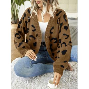 Cardigan cu imprimeu abstract, si nasturi, maro, dama, Shein la reducere