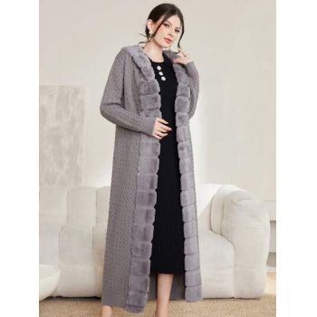 Cardigan din tricot cu blana si maneca lunga, gri, dama, Shein