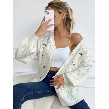 Cardigan din tricot cu model si nasturi, alb, dama, Shein ieftin