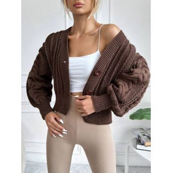 Cardigan din tricot, cu nasturi si maneca lunga, maro, dama, Shein la reducere