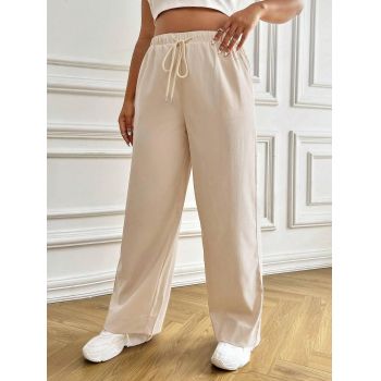 Pantaloni cu talie inalta si snur reglabil, crem, dama, Shein