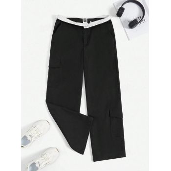 Pantaloni largi, cu buzunare, negru, dama, Shein