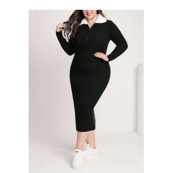 Rochie midi cu guler inalt si fermoar, negru, dama, Shein