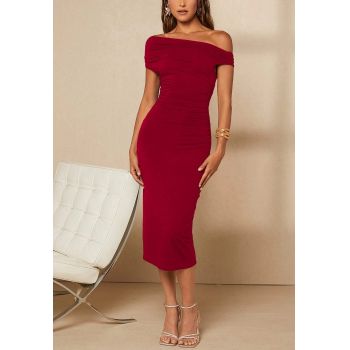 Rochie midi, cu umerii goi, rosu, dama, Shein la reducere