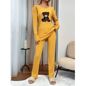 Set pijama, bluza cu imprimeu ursulet si pantaloni lungi, galben, dama, Shein de firma originale