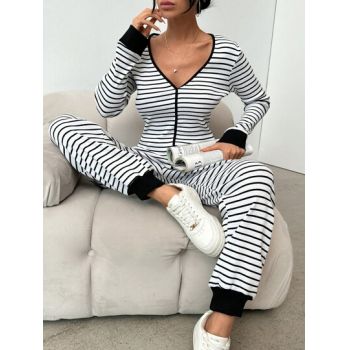 Set pijama cu model in dungi si decolteu, alb, dama, Shein la reducere