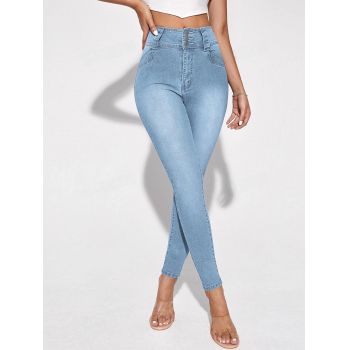 Blugi slim, din denim, cu talie medie, albastru, dama, Shein