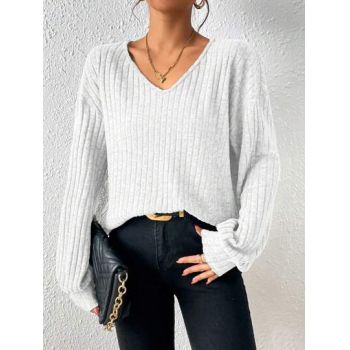 Bluza din tricot cu decolteu si maneca lunga, alb, dama, Shein