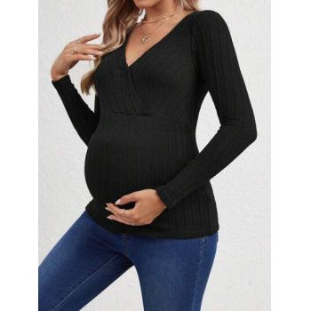Bluza din tricot, cu decolteu si maneca lunga, Maternity, negru, dama, Shein la reducere