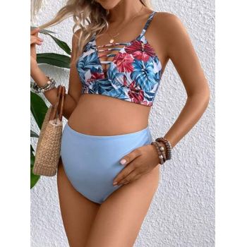 Costum de baie, sutien cu imprimeu si chiloti cu talie inalta, albastru, dama, Shein