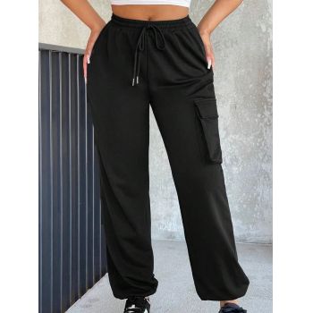 Pantaloni cu snur reglabil si buzunare, negru, dama, Shein