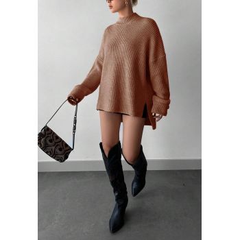 Pulover oversized, din tricot, maro, dama, Shein la reducere