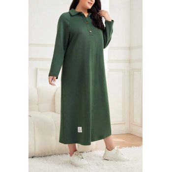 Rochie maxi cu maneca lunga si nasturi, verde, dama, Shein