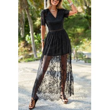 Rochie midi, cu decolteu si maneca scurta, negru, dama, Shein