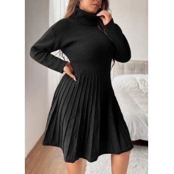 Rochie midi din tricot cu guler inalt si maneca lunga, negru, dama, Shein