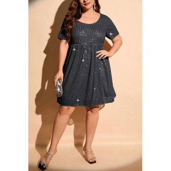 Rochie mini, cu aplicatii paiete si maneca scurta, negru, dama, Shein