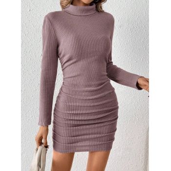 Rochie mini din tricot, cu guler inalt si maneca lunga, roz, dama, Shein