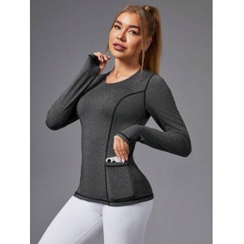 Bluza pentru sport, cu maneca lunga si buzunar, gri, dama, Shein