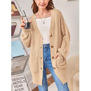 Cardigan din tricot, cu nasturi, bej, fete, Shein