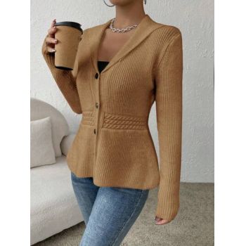 Cardigan din tricot, cu nasturi si decolteu, maro, dama, Shein