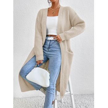 Cardigan midi din tricot, cu buzunare si maneca lunga, crem, dama, Shein ieftin