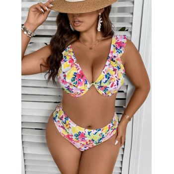 Costum de baie cu imprimeu, sutien si bukini cu talie medie, multicolor, dama, Shein