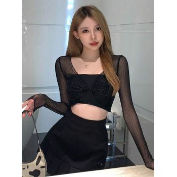 Top cu decolteu si maneca lunga, transparenta, negru, dama, Shein