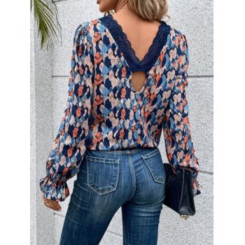 Bluza cu imprimeu si dantela, multicolor, dama, Shein