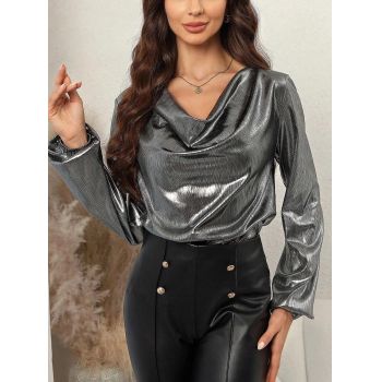 Bluza cu maneca lunga si decolteu, argintiu, dama, Shein