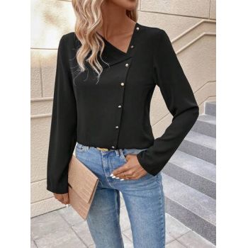 Bluza cu nasturi si maneca lunga, negru, dama, Shein